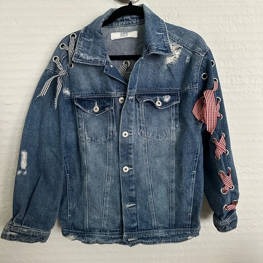 Zara Light Blue Denim‎ Jacket with Ribbons